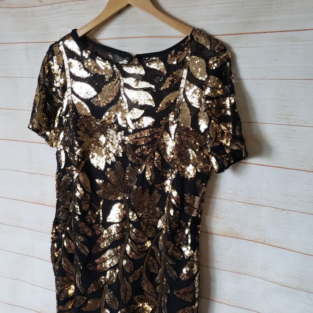 Maeve Anthropologie Short Sleeve Sheer Embellished Mini Dress Black Gold Size SP - Picture 9 of 15